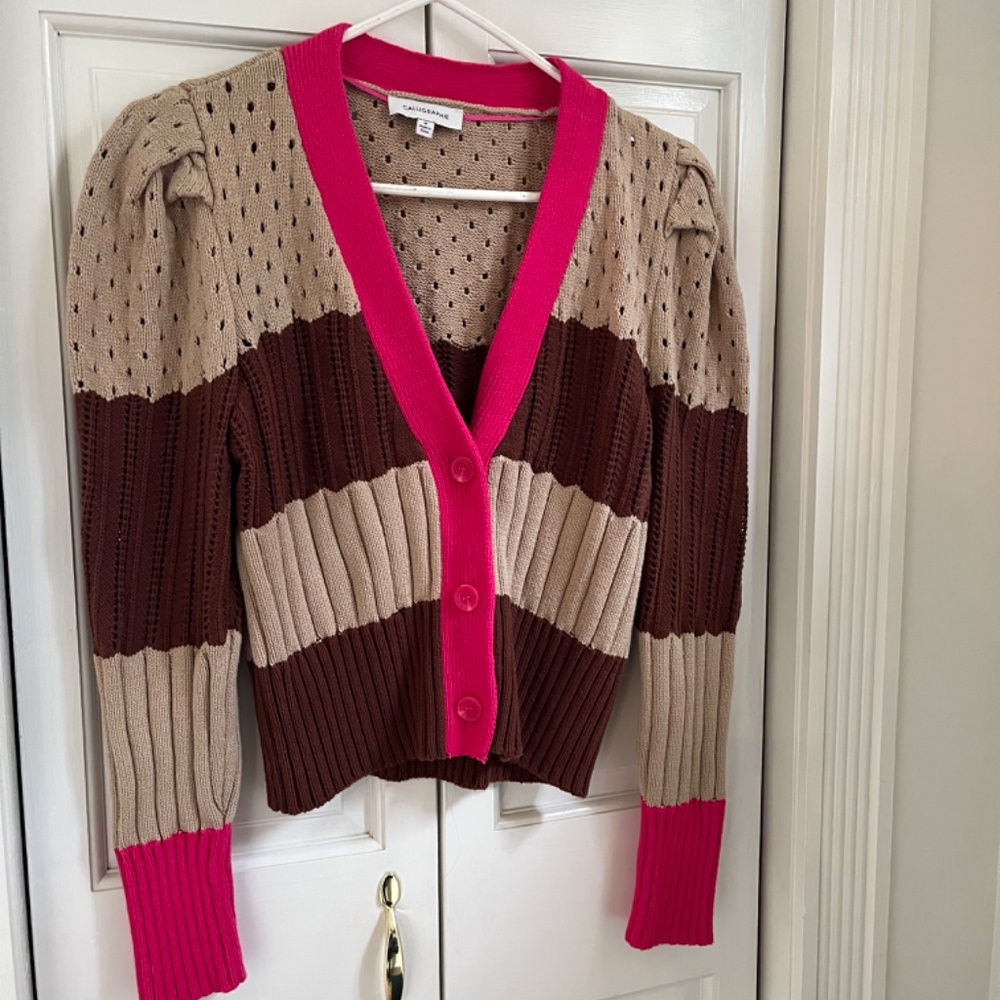 Anthropologie Calligraphie Women's Long Sleeve Cardigan Sweater Size M Pink & Br